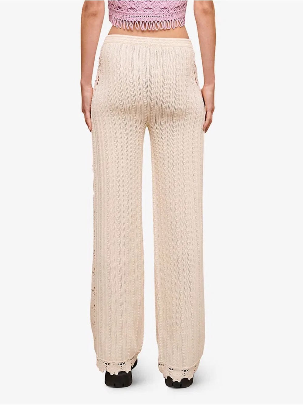 Sandro Paris Flower Crochet Cream Wide Leg Pants, Size M